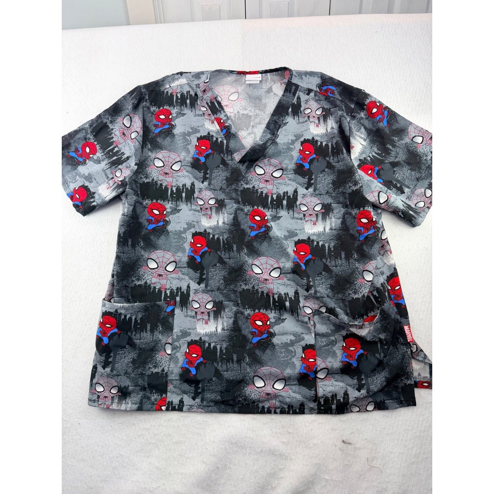 Marvel Spider-Man Scrub Top 2XL Gray Red Chibi City Print V-Neck Medical Uniform